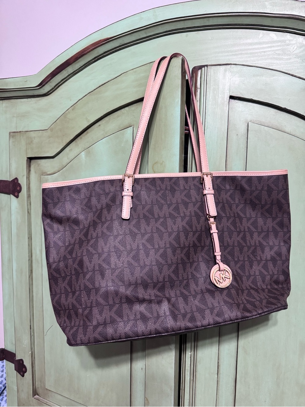 Michael Kors Brown MK Logo Tote with Pink Trim